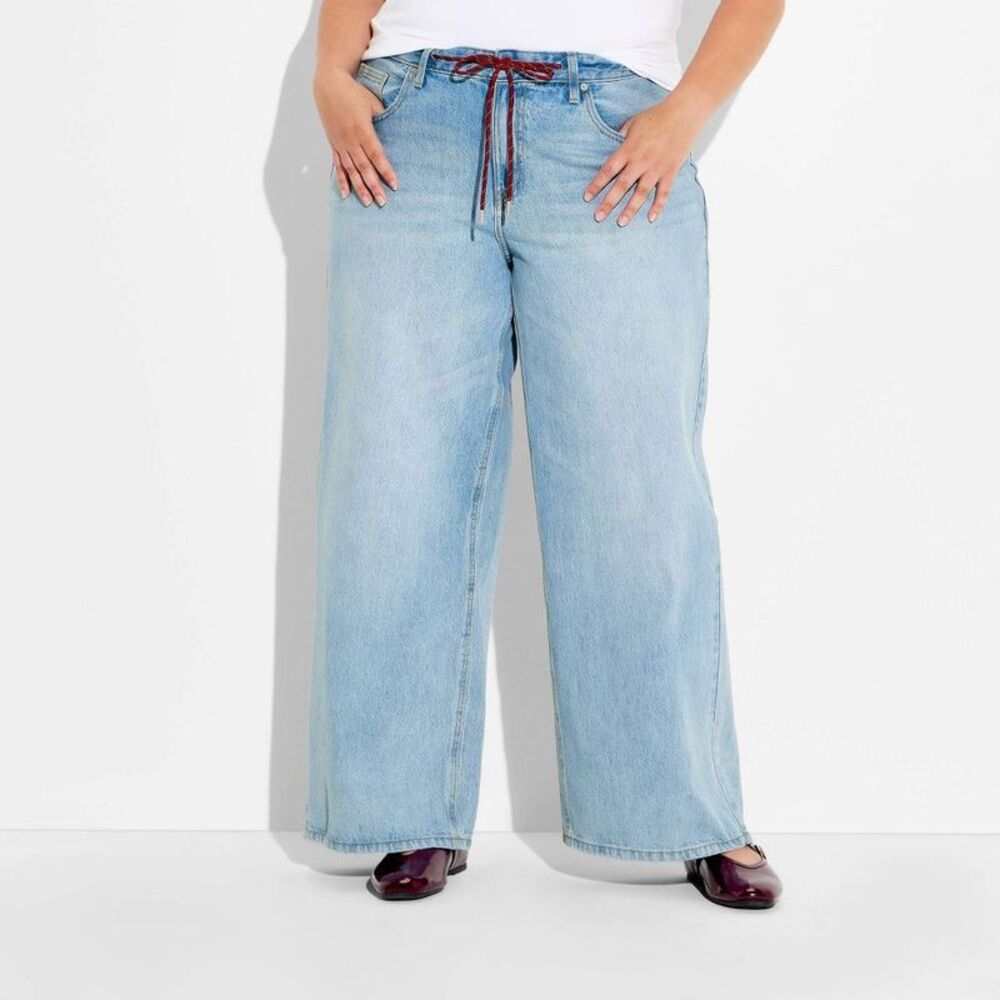 Women's Ultra Low-Rise Baggy Jeans - Wild Fable Light Wash + Drawstring 20